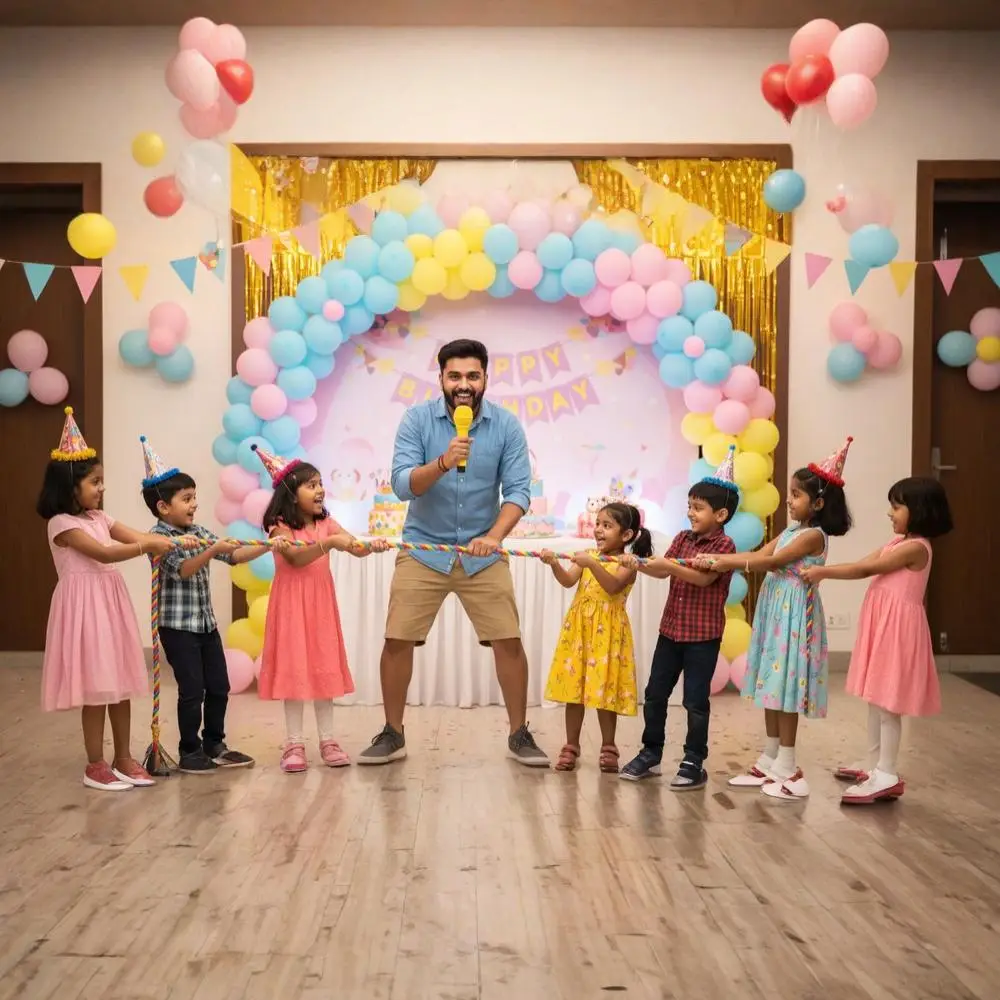 Professional kids game organizer at birthday party in Dubai — game host leading fun children's activities and party games by Blossom Dust Events